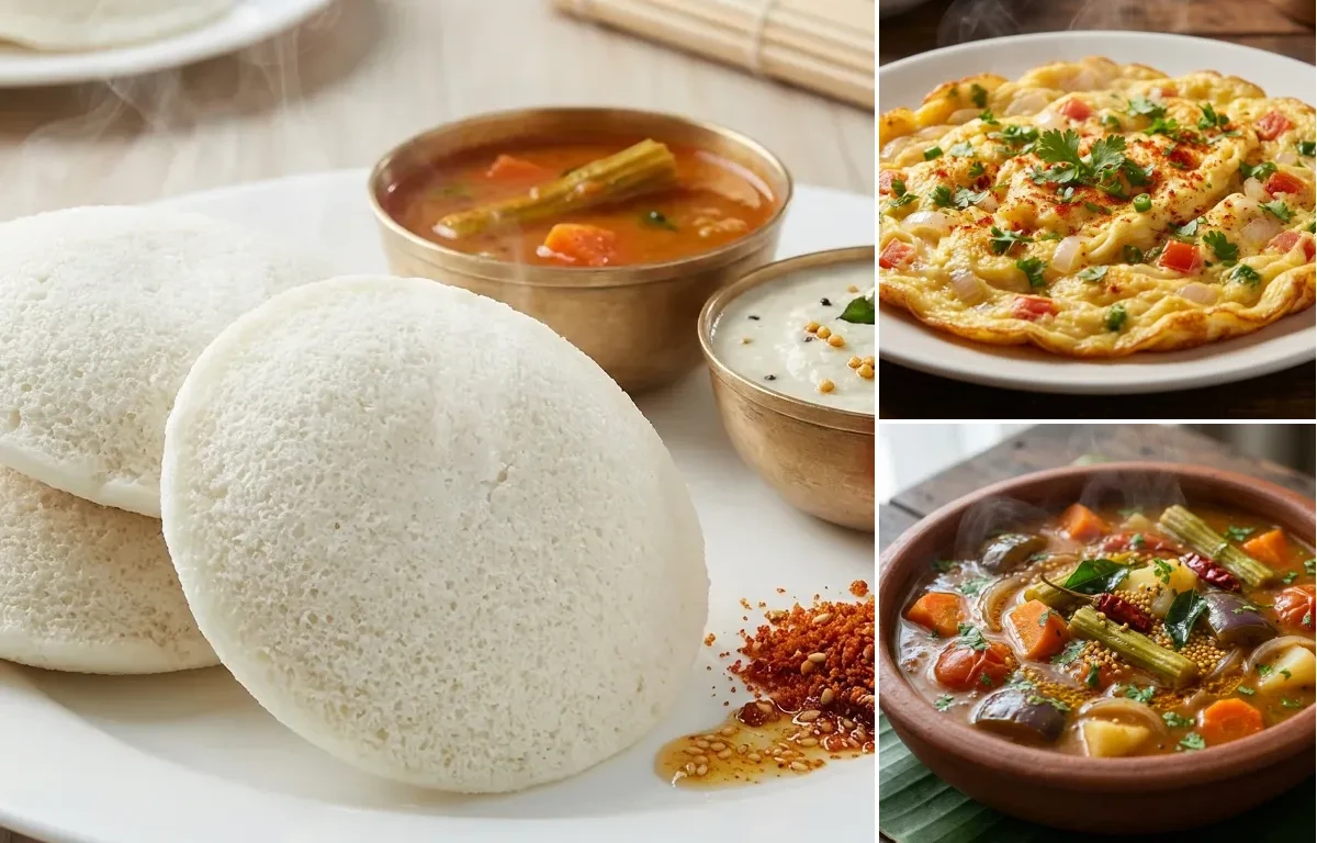 Idli with Masala Omelette and Vegetable Sambar