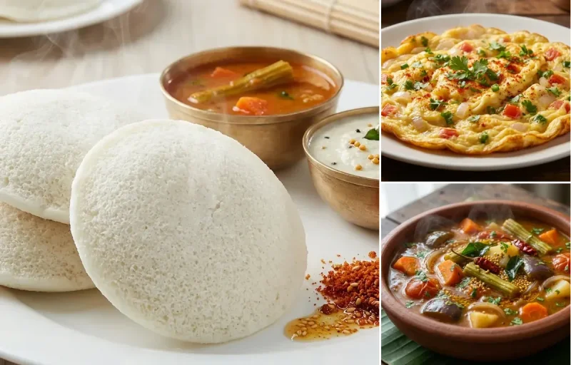 Idli with Masala Omelette and Vegetable Sambar