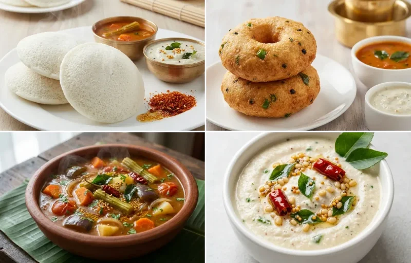 Idli with Medu Vada, Vegetable Sambar and Coconut Chutney