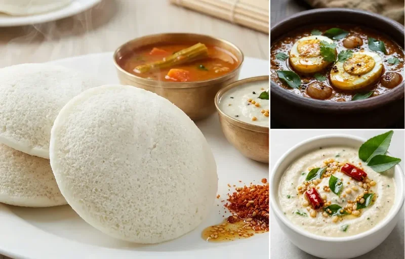 Idli with Muttai Kulambu and Coconut Chutney