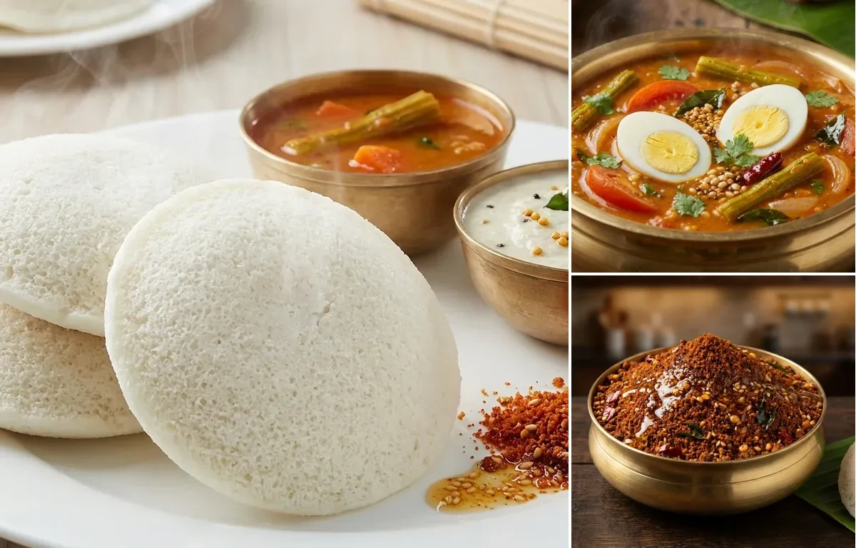 Idli with Muttai Sambar and Idli Podi