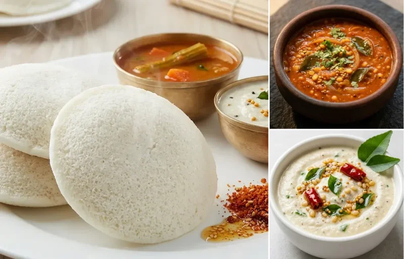 Idli with Tomato Gothsu and Coconut Chutney