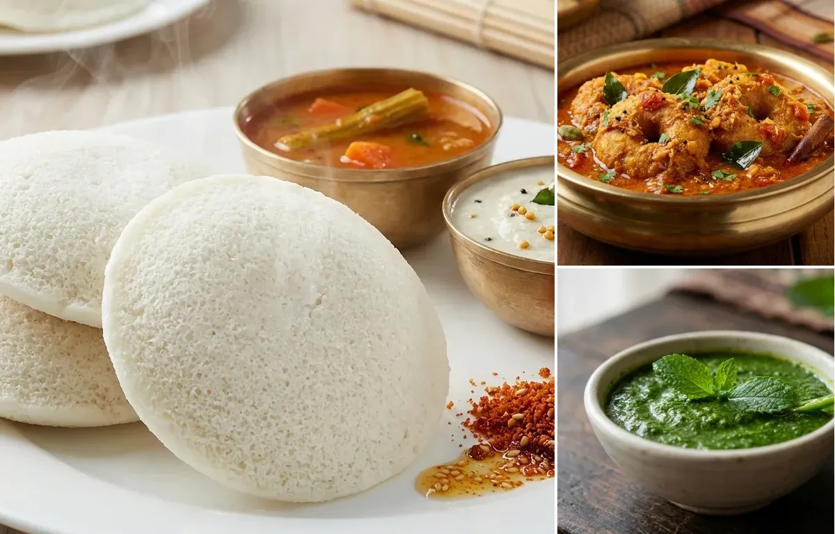Idli with Vada Curry and Mint Chutney