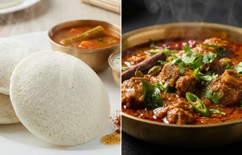 Idli with Andhra Mutton Curry