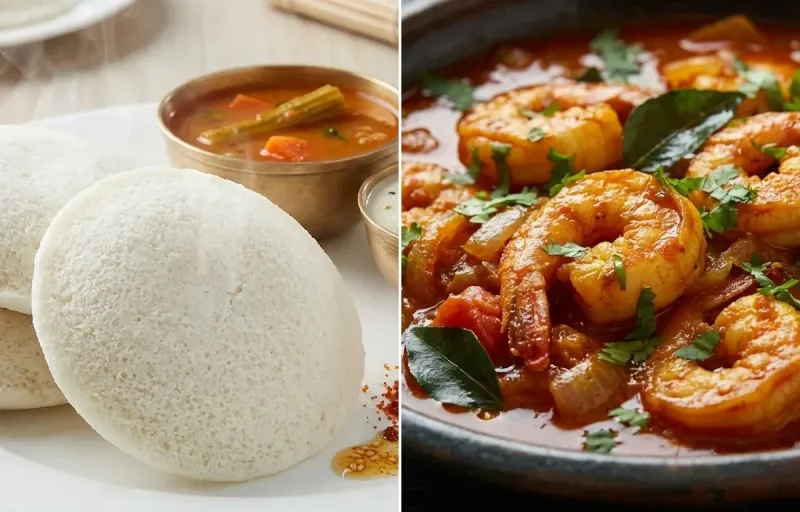 Idli with Andhra Prawn Curry