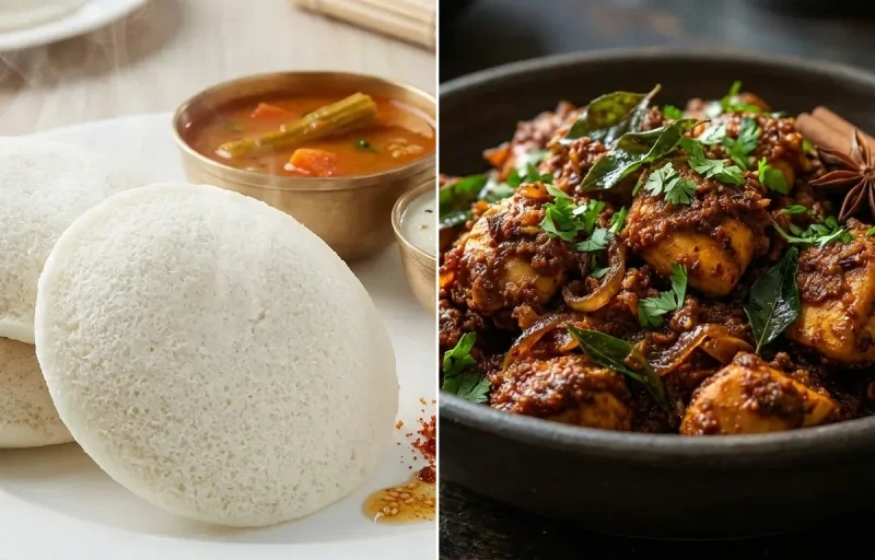 Idli with Chettinad Chicken Varuval