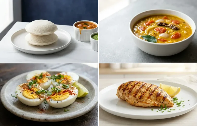 Idli with Sambhar with Coconut Chutney with Boiled Eggs with Grilled Chicken Breast