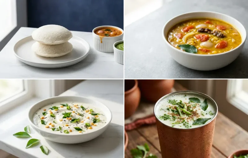 Idli with Sambhar with Coconut Chutney with Chaas