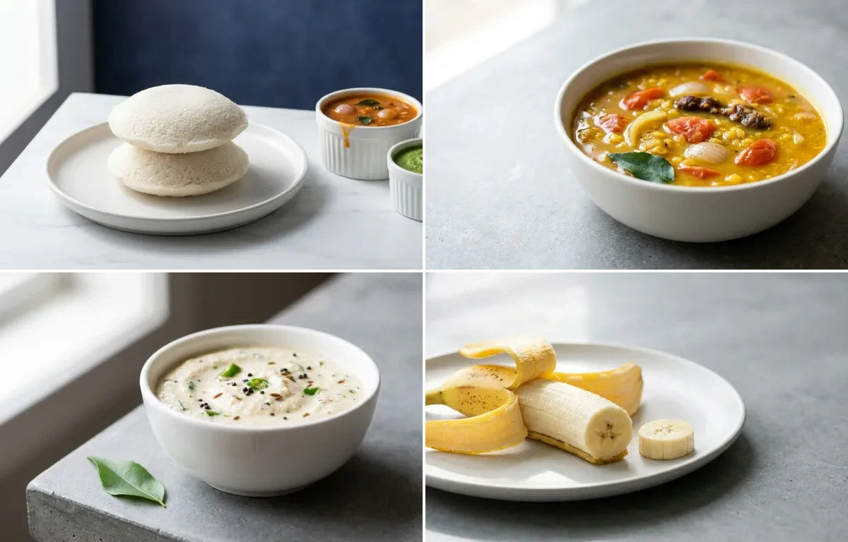 Idli with Sambhar with Peanut Coconut Chutney with Banana