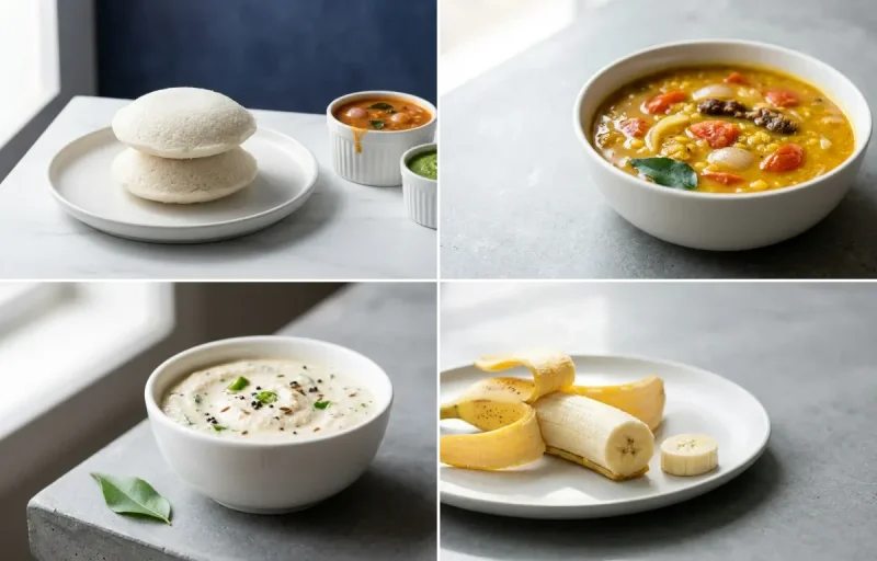 Idli with Sambhar with Peanut Coconut Chutney with Banana