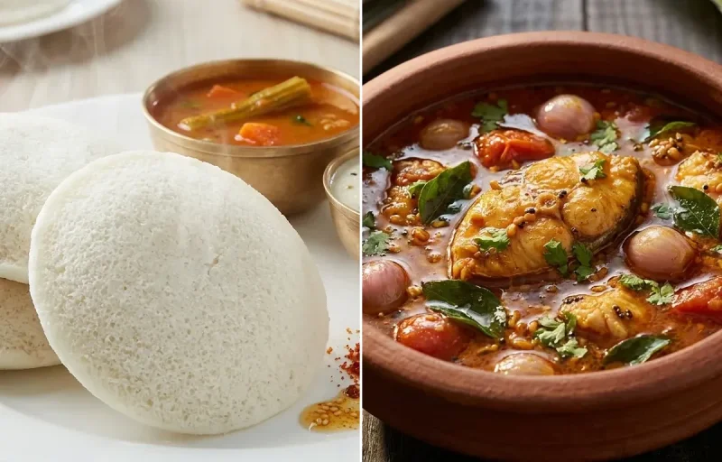 Idli with Meen Kuzhambu