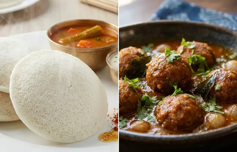 Idli with Mutton Kola Urundai Kuzhambu