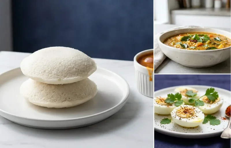 Idli with Sambar with Boiled Egg Whites with Green Tea