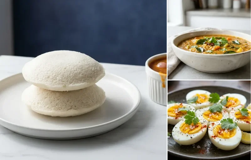 Idli with Sambar with Coconut Chutney with Boiled Egg
