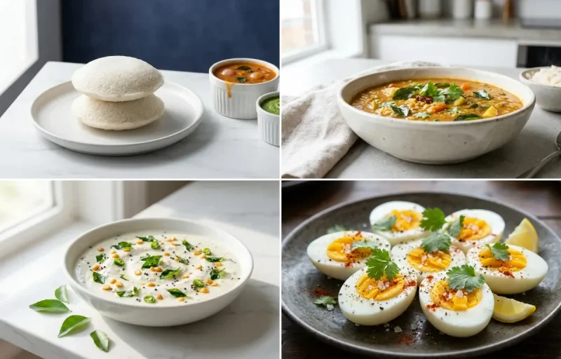 Idli with Sambar with Coconut Chutney with Boiled Egg with Banana
