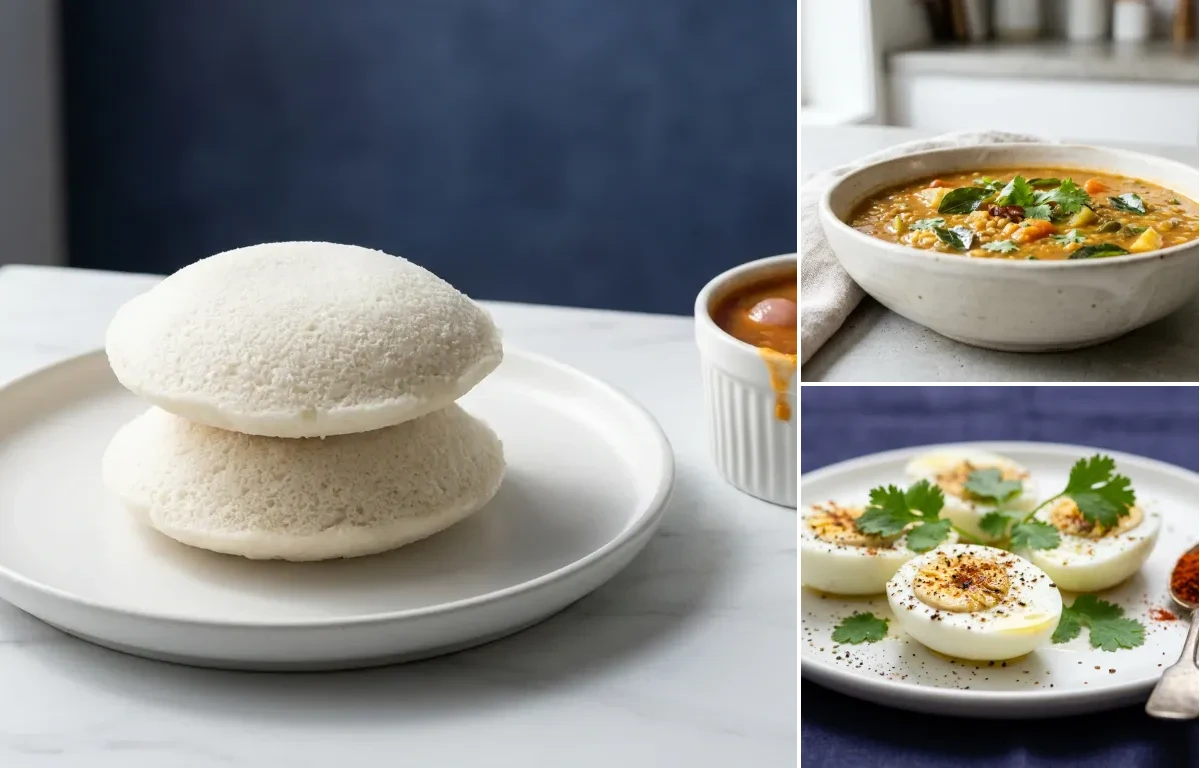 Idli with Sambar with Coconut Chutney with Boiled Egg Whites with Chaas