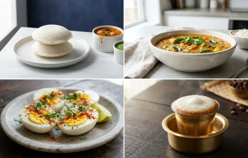 Idli with Sambar with Coconut Chutney with Boiled Eggs with Filter Coffee