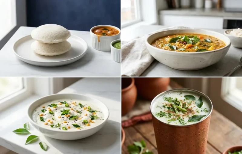 Idli with Sambar with Coconut Chutney with Chaas
