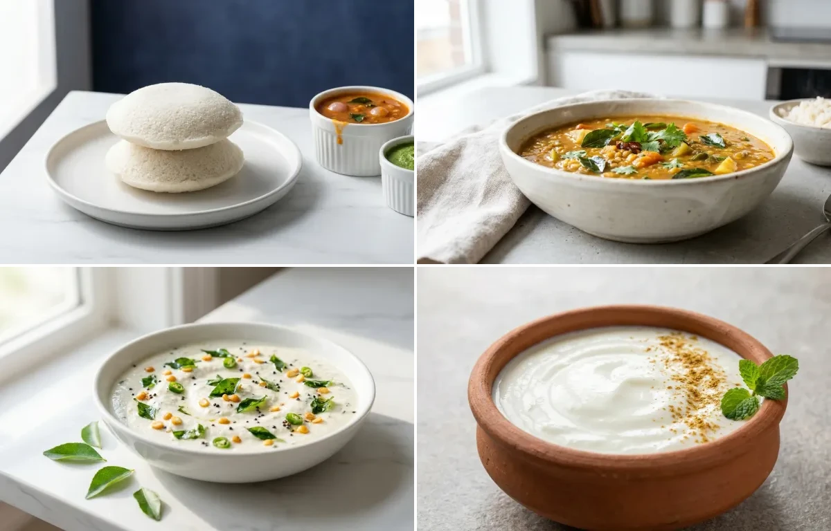 Idli with Sambar with Coconut Chutney with Dahi