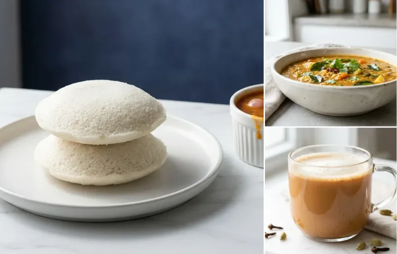 Idli with Sambar with Coconut Chutney with Masala Chai