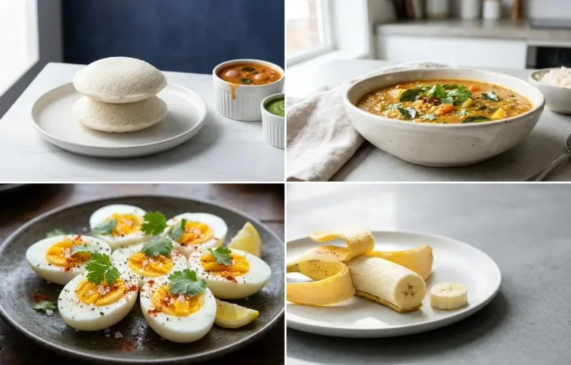 Idli with Sambar with Peanut Chutney with Boiled Egg with Banana