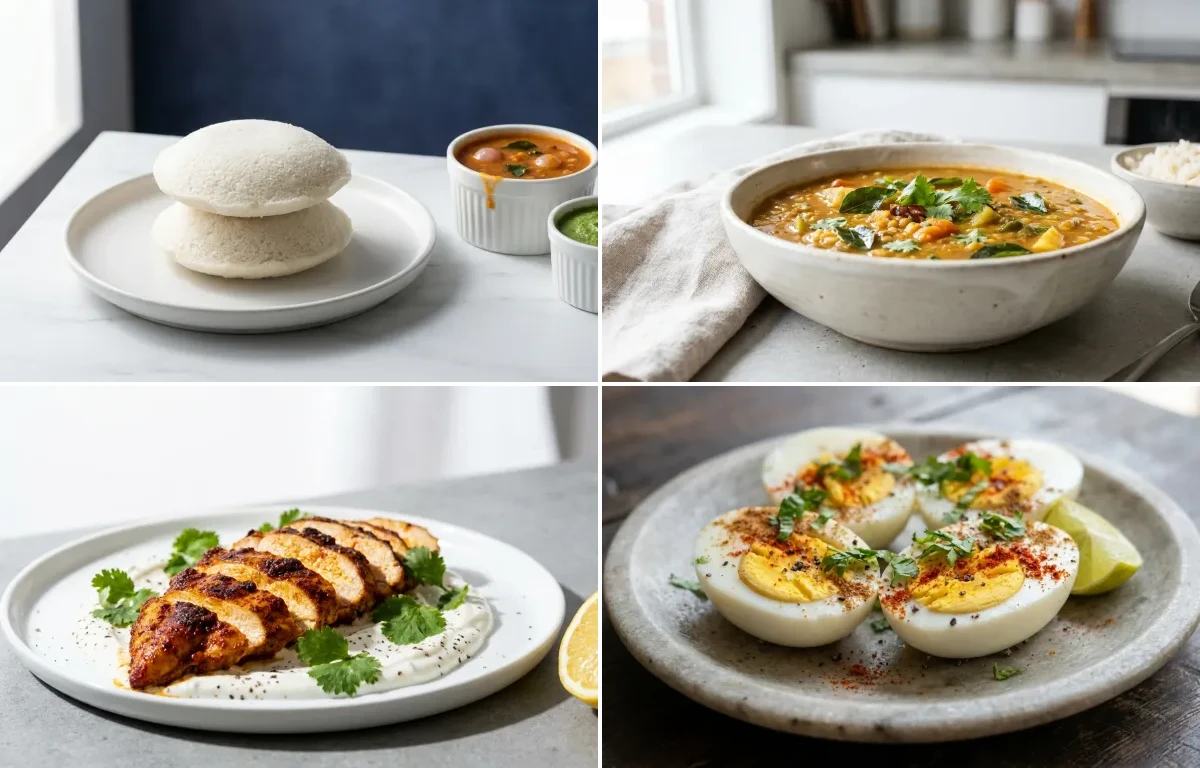 Idli with Sambar with Spiced Chicken Slices with Boiled Eggs with Filter Coffee
