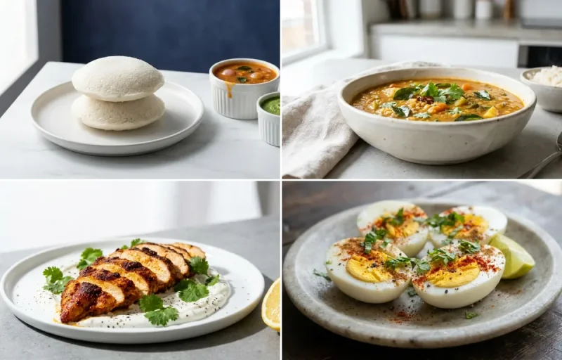 Idli with Sambar with Spiced Chicken Slices with Boiled Eggs with Filter Coffee
