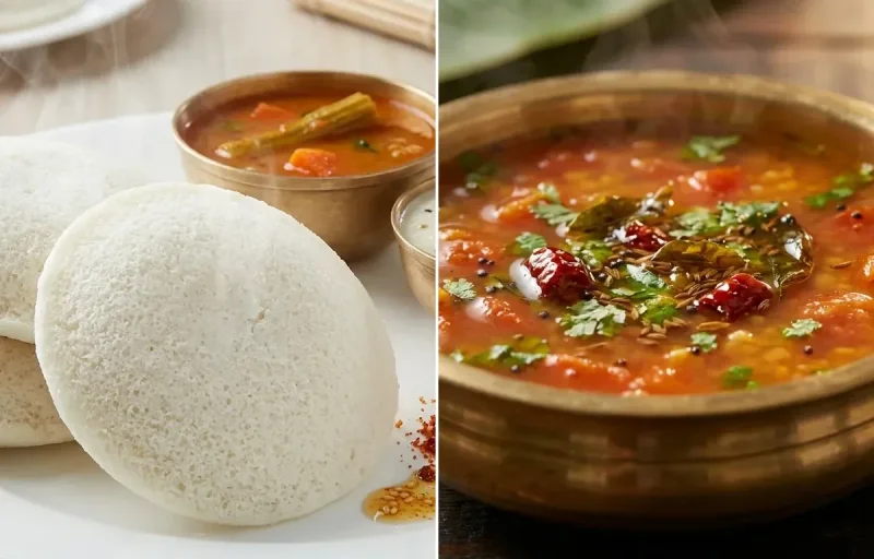 Idli with Tomato Rasam