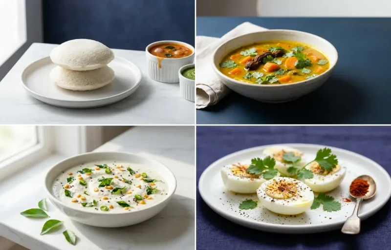Idli with Turmeric Sambhar with Coconut Chutney with Boiled Egg Whites with Green Tea