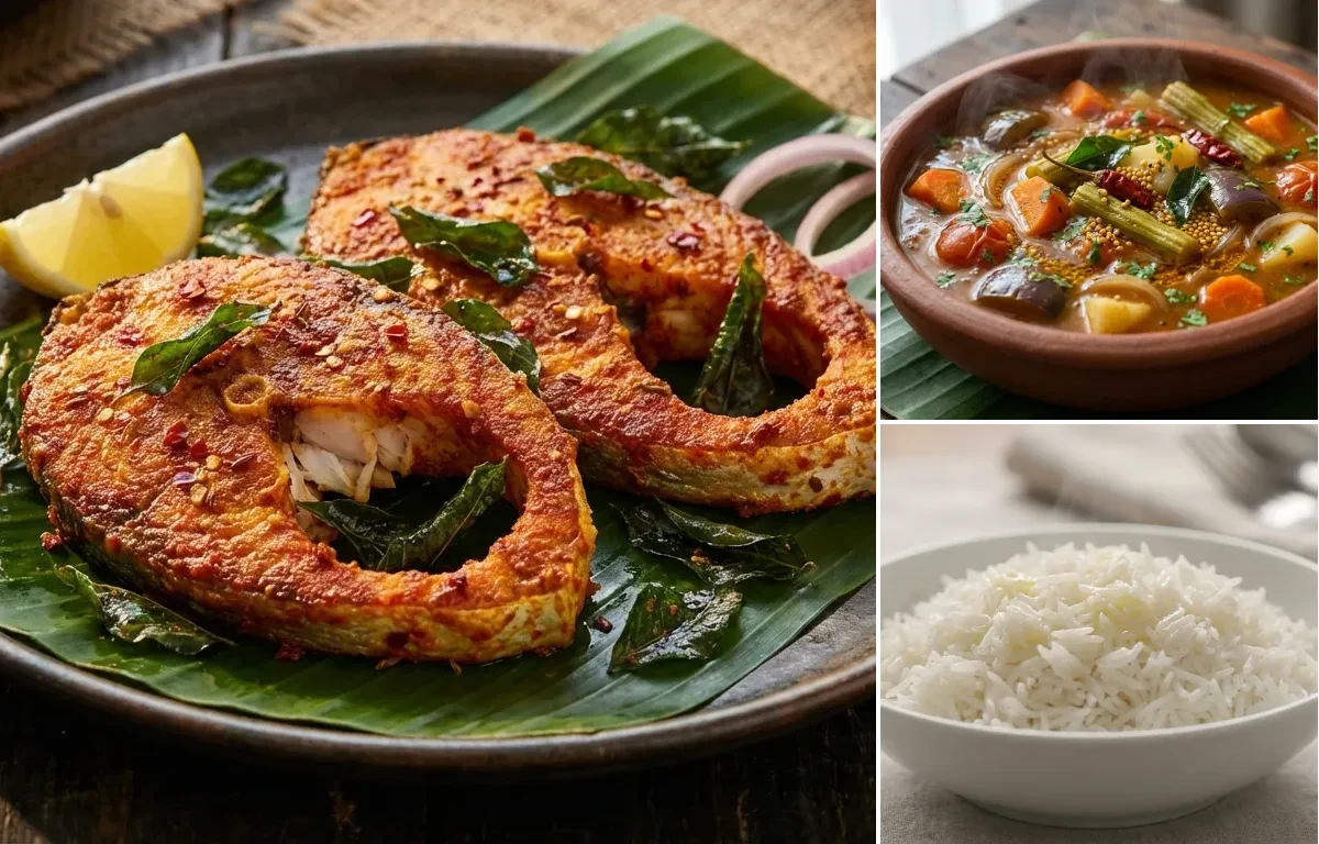 Indian Fish Fry with Vegetable Sambar and Steamed Basmati Rice