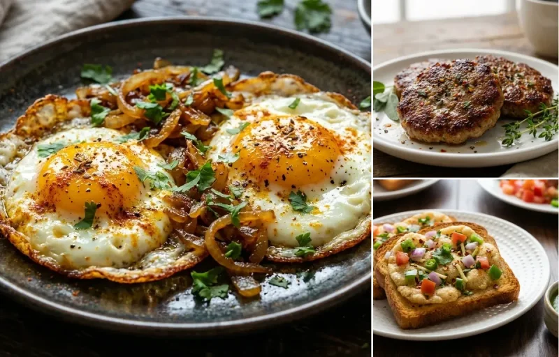 Indian Fried Eggs with Breakfast Sausage Patties and Suji Toast