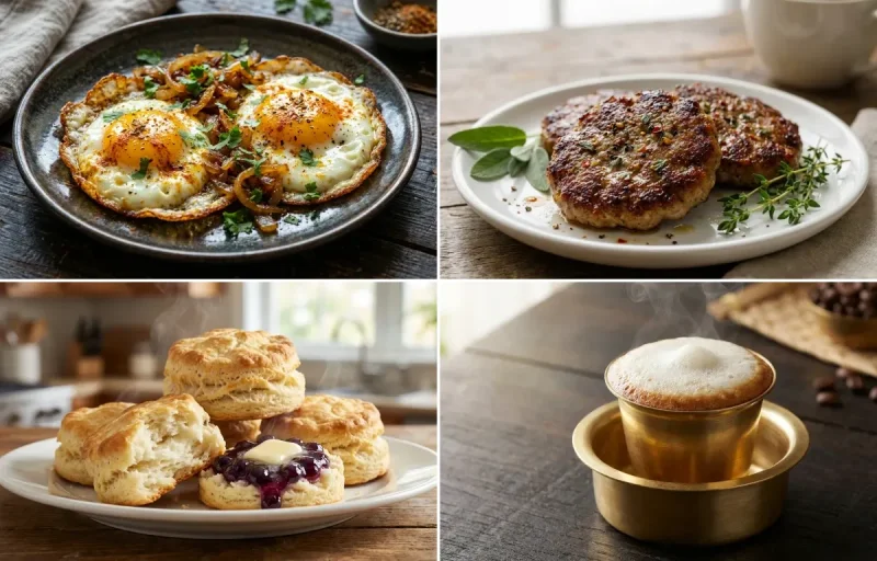 Indian Fried Eggs with Breakfast Sausage Patties, Buttermilk Biscuits with Grape Jelly and Filter Coffee