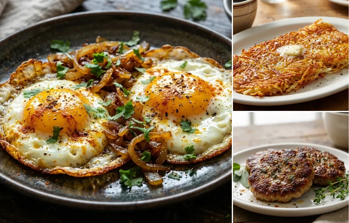 Indian Fried Eggs with Hash Browns and Breakfast Sausage Patties