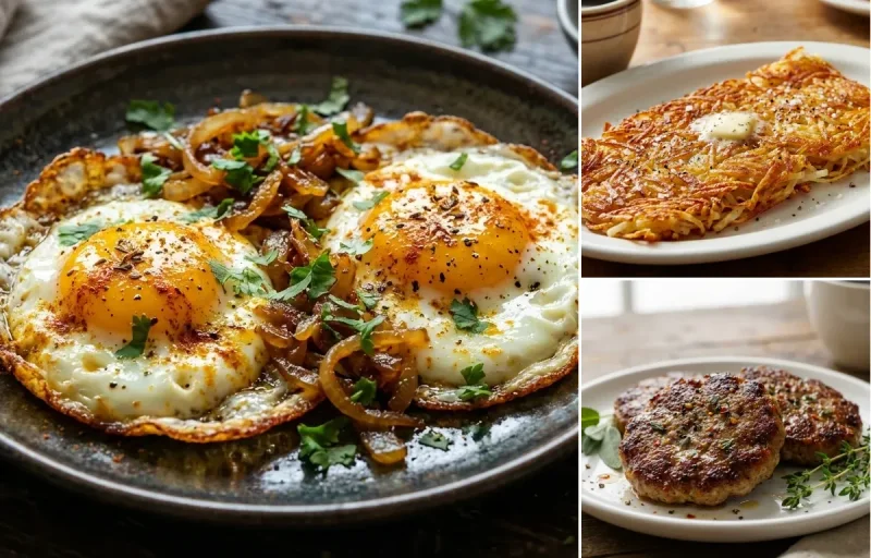 Indian Fried Eggs with Hash Browns and Breakfast Sausage Patties