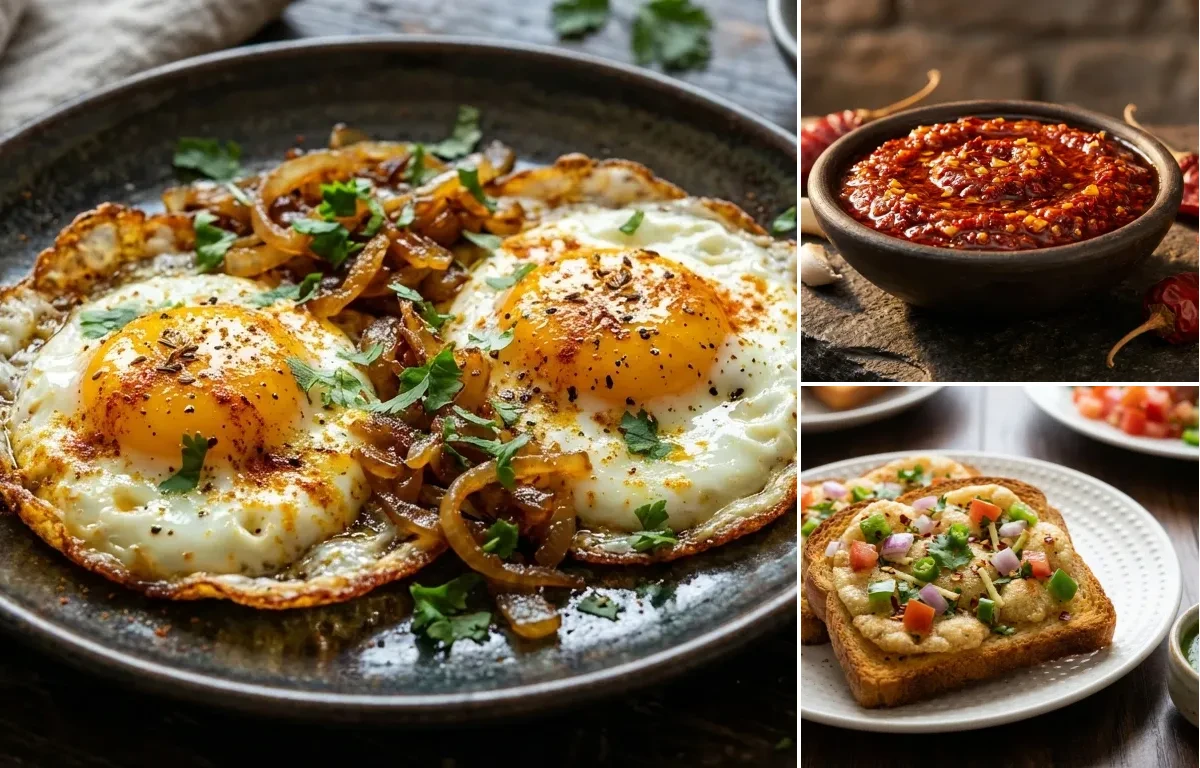 Indian Fried Eggs with Lehsun Chutney and Suji Toast