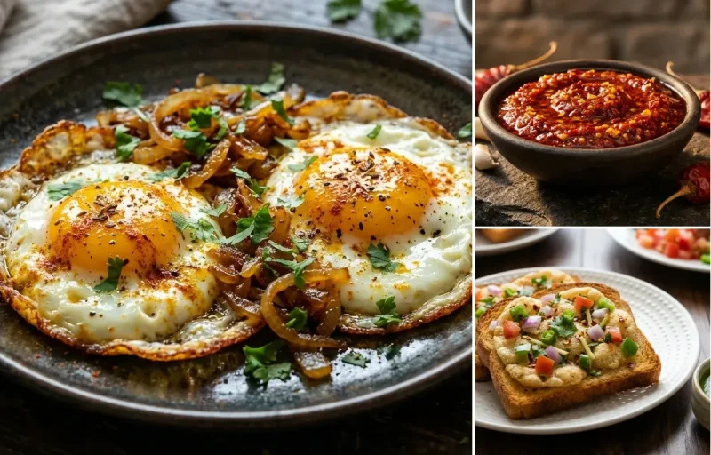 Indian Fried Eggs with Lehsun Chutney and Suji Toast