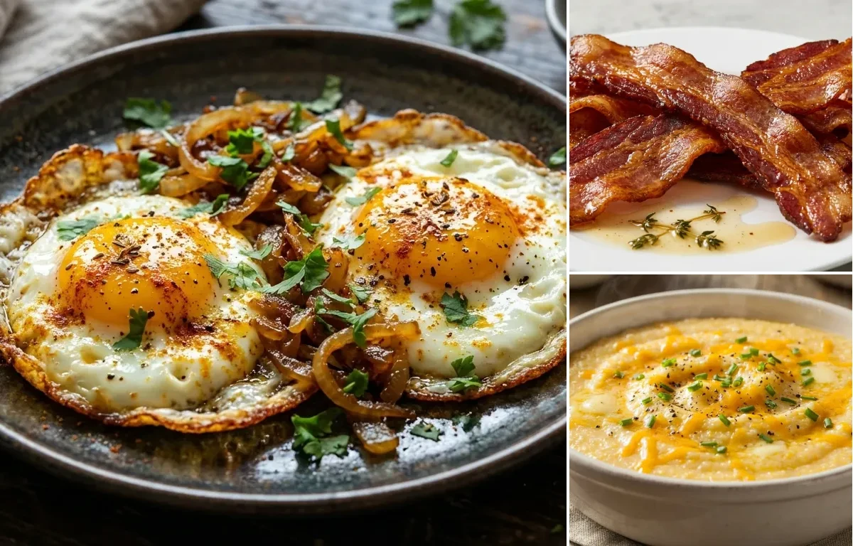 Indian Fried Eggs with Pan-Fried Bacon and Southern Grits
