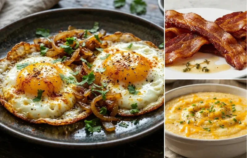 Indian Fried Eggs with Pan-Fried Bacon and Southern Grits
