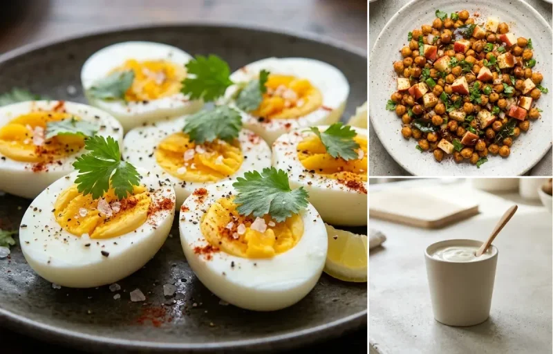 Indian Quinoa Upma with Boiled Egg, Roasted Chana With Apple, Plain Yogurt Cup and Tamarind Date Chutney