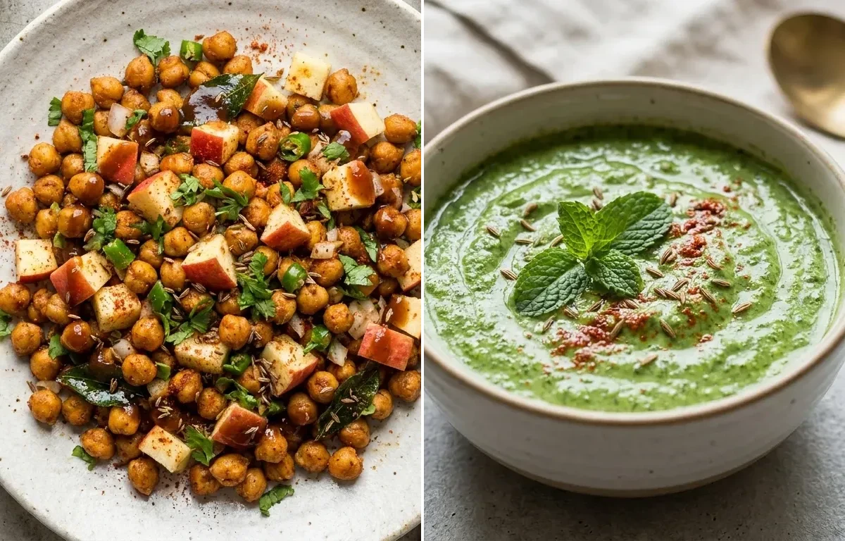 Indian Quinoa Upma with Boiled Eggs Plate, Roasted Chana With Apple and Mint Yogurt Chutney