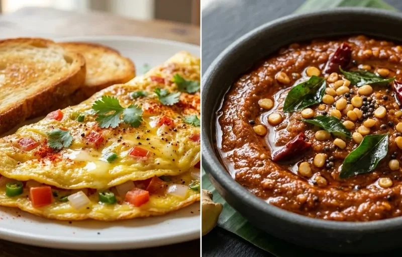Indian Quinoa Upma with Bread Omelette, Ginger Chutney and Curd Rice Snack Bowl