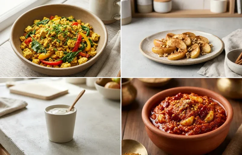Indian Quinoa Upma with Tofu Scramble, Apple With Cinnamon, Plain Yogurt Cup and Garlic Chutney