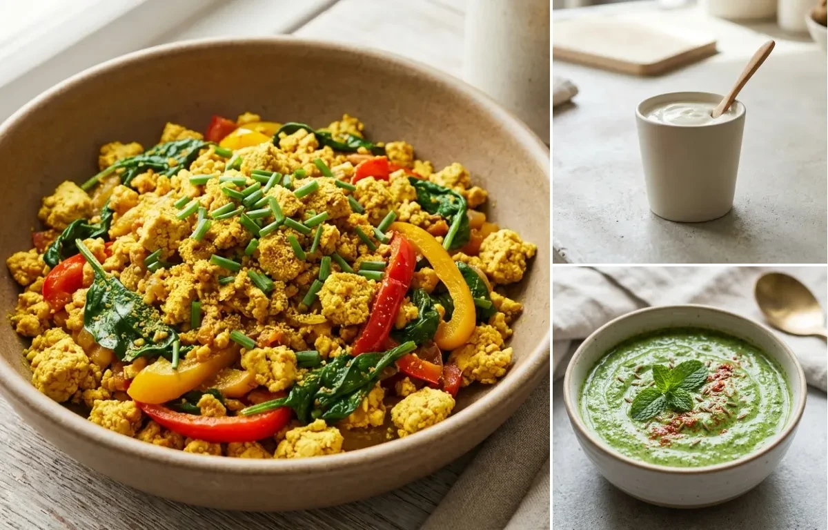 Indian Quinoa Upma with Tofu Scramble, Cucumber Chaat, Plain Yogurt Cup and Mint Yogurt Chutney