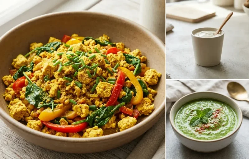 Indian Quinoa Upma with Tofu Scramble, Cucumber Chaat, Plain Yogurt Cup and Mint Yogurt Chutney