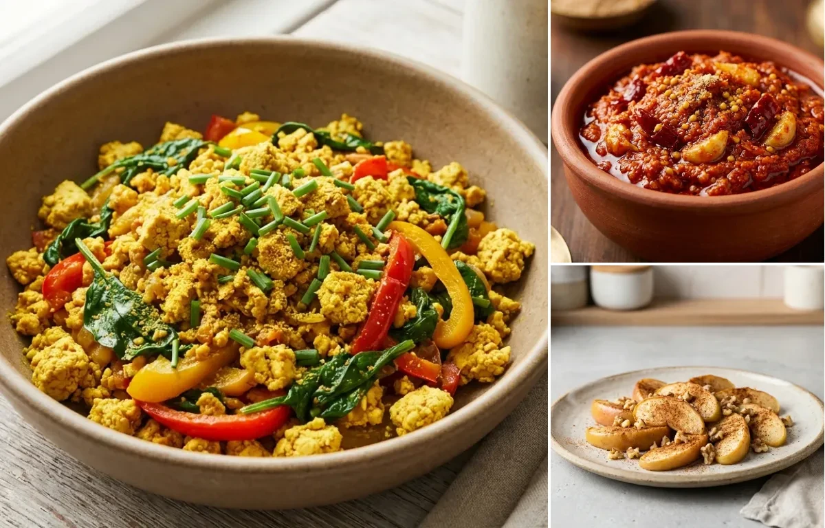 Indian Quinoa Upma with Tofu Scramble, Garlic Chutney, Apple With Cinnamon and Curd Rice Snack Bowl