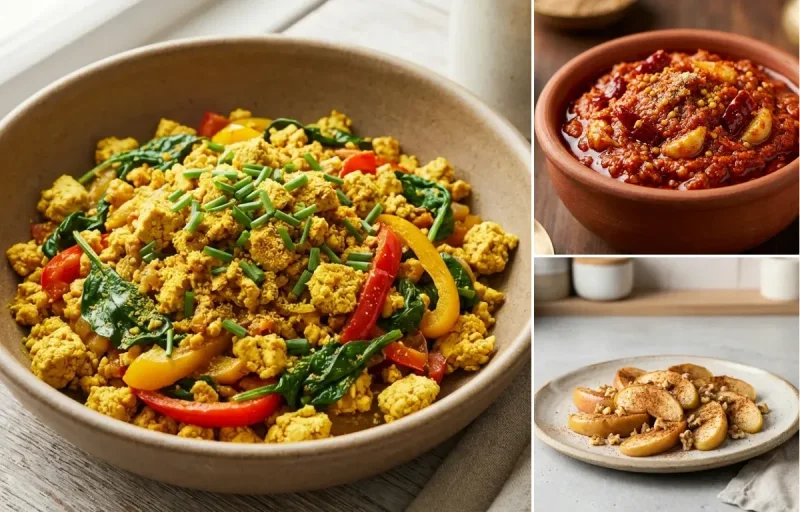 Indian Quinoa Upma with Tofu Scramble, Garlic Chutney, Apple With Cinnamon and Curd Rice Snack Bowl