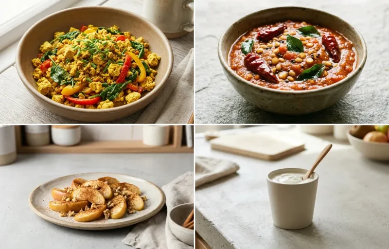 Indian Quinoa Upma with Tofu Scramble, Tomato Chutney, Apple With Cinnamon and Plain Yogurt Cup