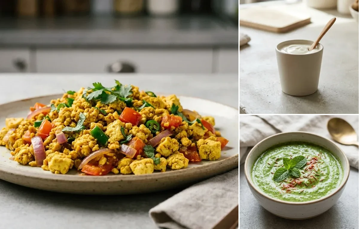 Indian Quinoa Upma with Vegan Tofu Bhurji, Roasted Chana With Apple, Plain Yogurt Cup and Mint Yogurt Chutney