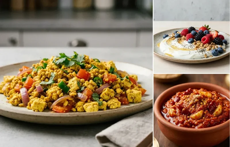 Indian Quinoa Upma with Vegan Tofu Bhurji, Yogurt Berry Bowl and Garlic Chutney