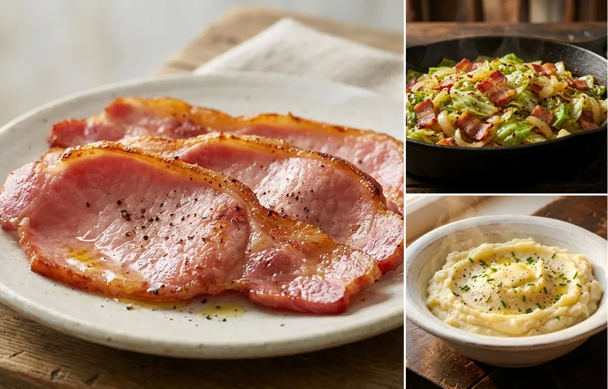 Irish Bacon with Fried Cabbage with Bacon and Mashed Potatoes